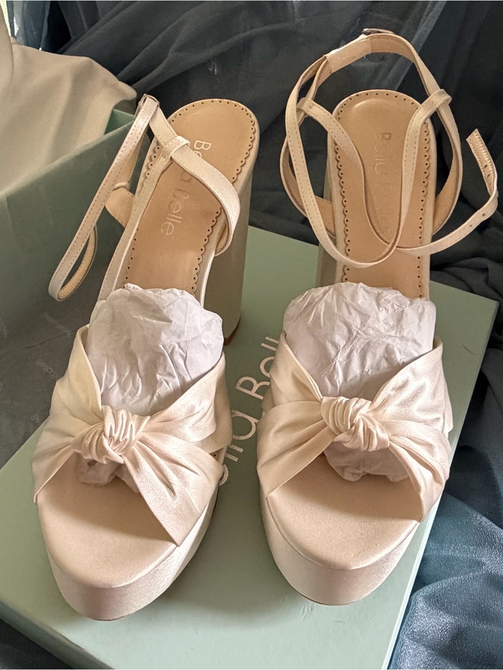 Bella Belle Ivory Knot-Front Platform Sandals with Ankle Strap - Block Heel